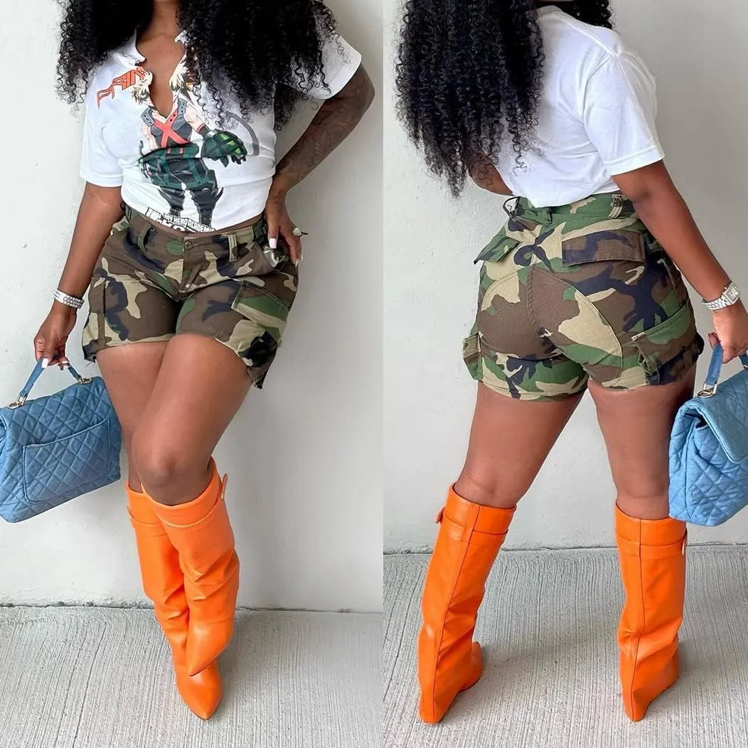 Seltaon Women's Camo Cargo Shorts High Waisted Camouflage Print Denim Short Clubwear