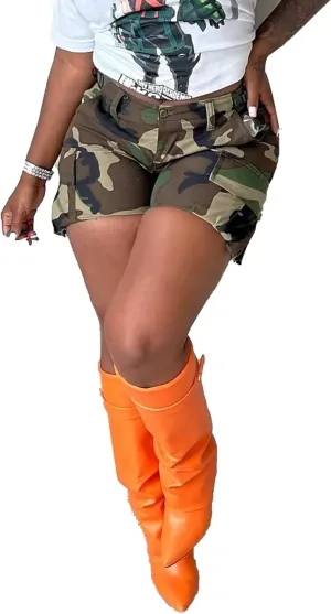 Seltaon Women's Camo Cargo Shorts High Waisted Camouflage Print Denim Short Clubwear
