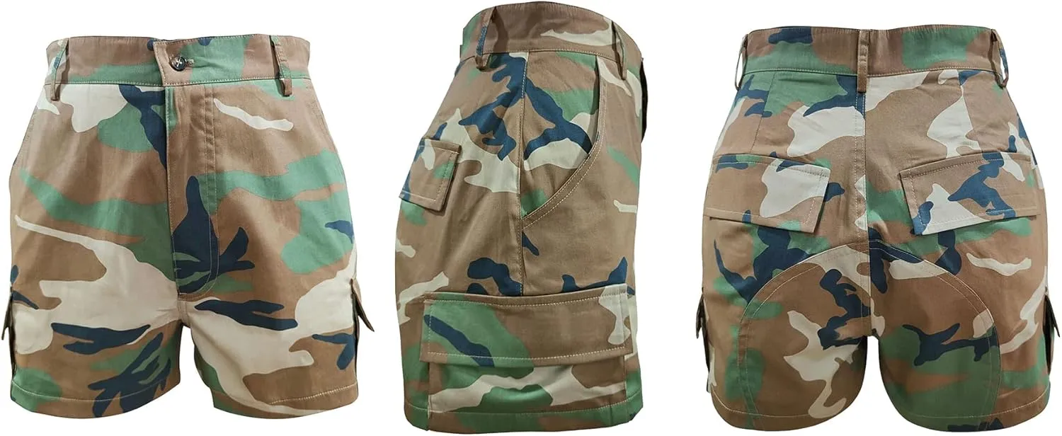 Seltaon Women's Camo Cargo Shorts High Waisted Camouflage Print Denim Short Clubwear