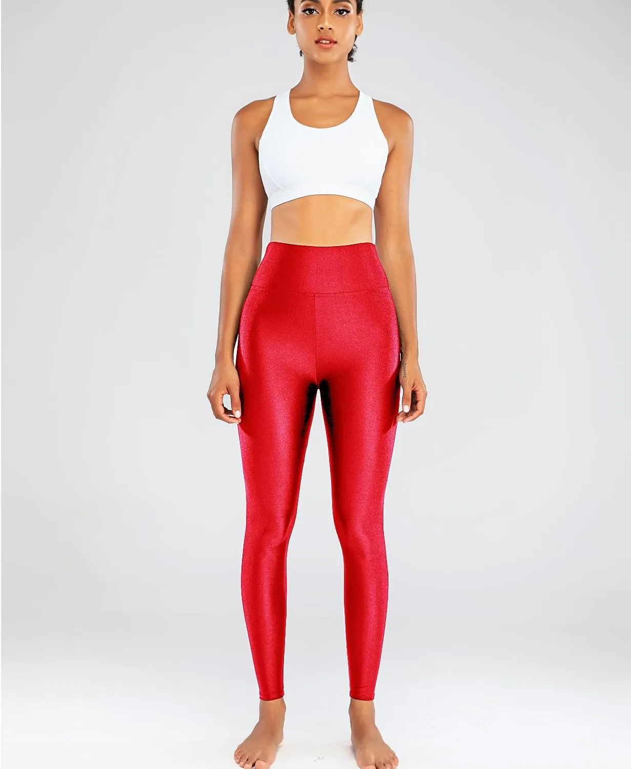 Sghenr Women's High Waisted Yoga Pants Tummy Control Shiny Sports Tights Workout Leggings