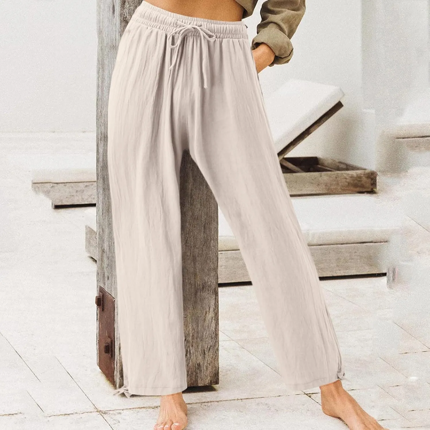 SHAOBGE Women Linen Palazzo Pants Summer Boho Wide Leg High Waist Casual Lounge Pant Trousers with Pockets