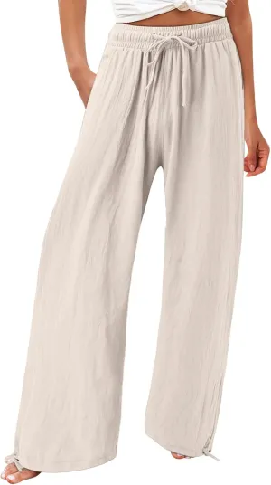 SHAOBGE Women Linen Palazzo Pants Summer Boho Wide Leg High Waist Casual Lounge Pant Trousers with Pockets