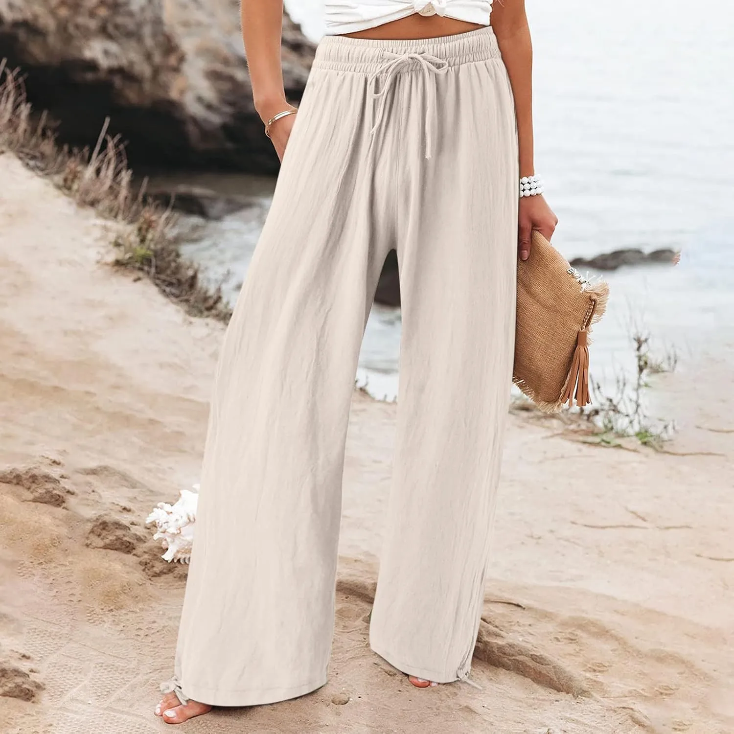 SHAOBGE Women Linen Palazzo Pants Summer Boho Wide Leg High Waist Casual Lounge Pant Trousers with Pockets