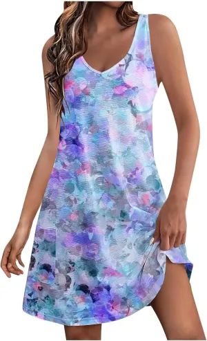 Sleeveless Summer Dresses for Women Aline Mini Dress Swing Dress Floral Printed Casual Dress Vacation Beach Dress