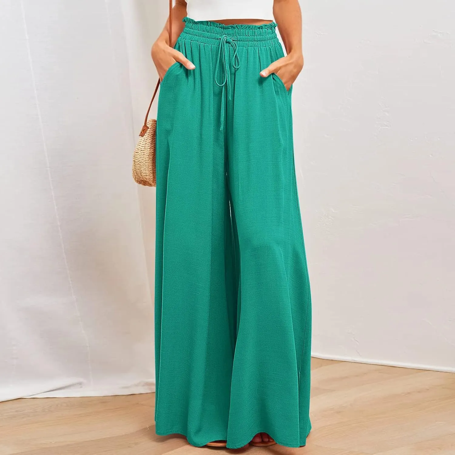 SMIDOW Palazzo Pants for Women Dressy Casual 2024 High Waist Wide Leg Flowy Pants Loose Long Lounge Trousers
