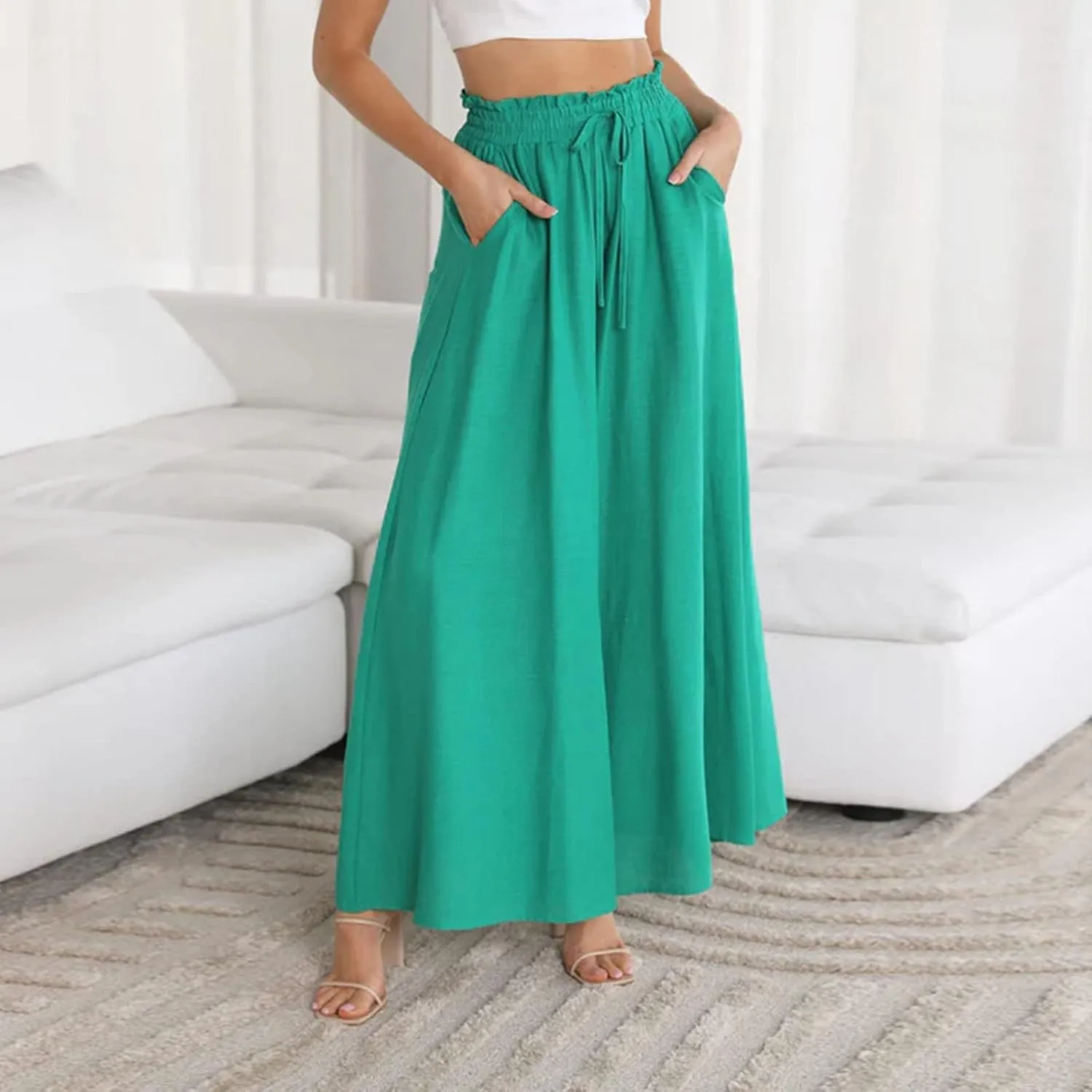 SMIDOW Palazzo Pants for Women Dressy Casual 2024 High Waist Wide Leg Flowy Pants Loose Long Lounge Trousers
