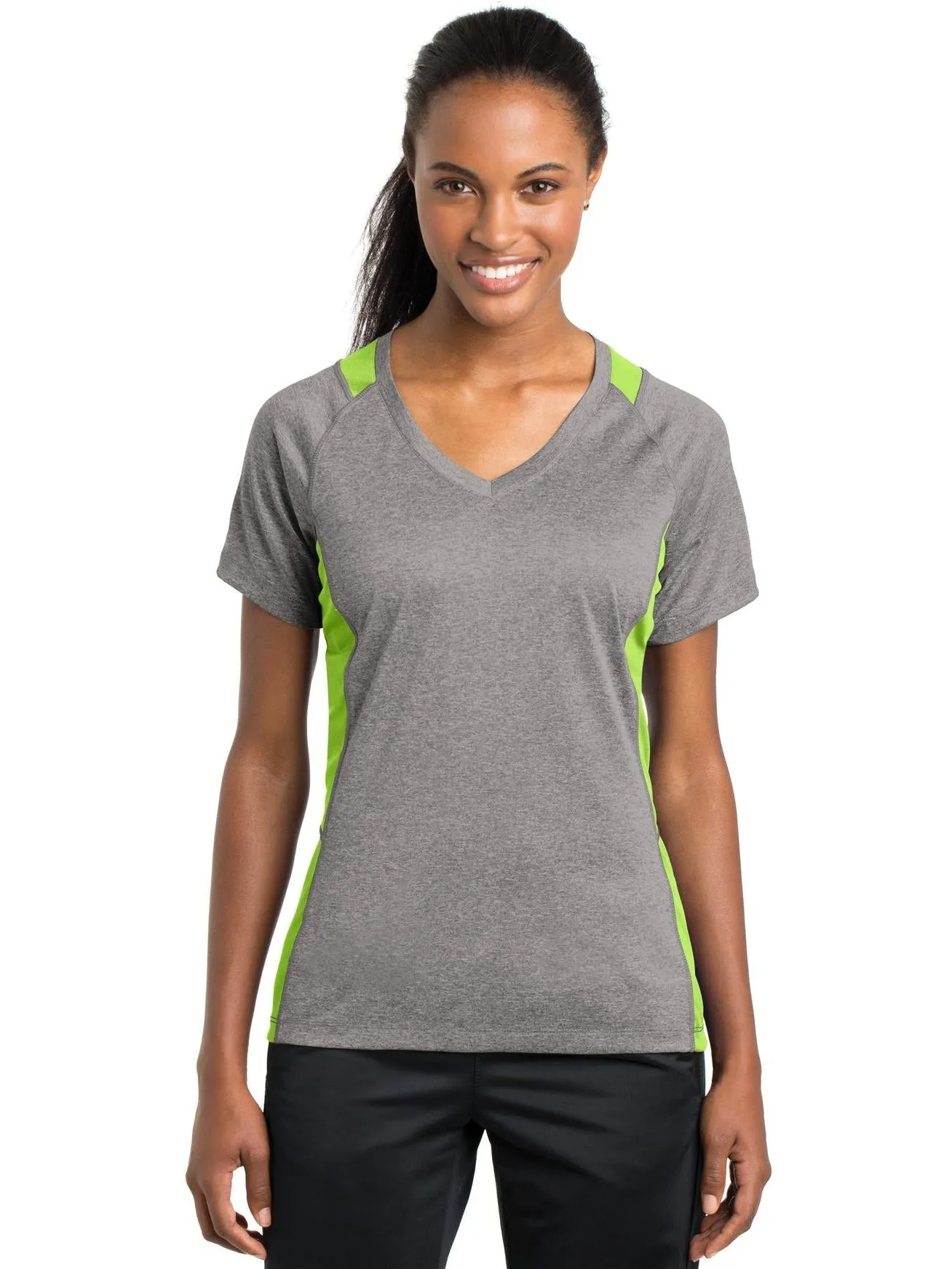 Sport-Tek Ladies Heather Colorblock Contender V-Neck Tee