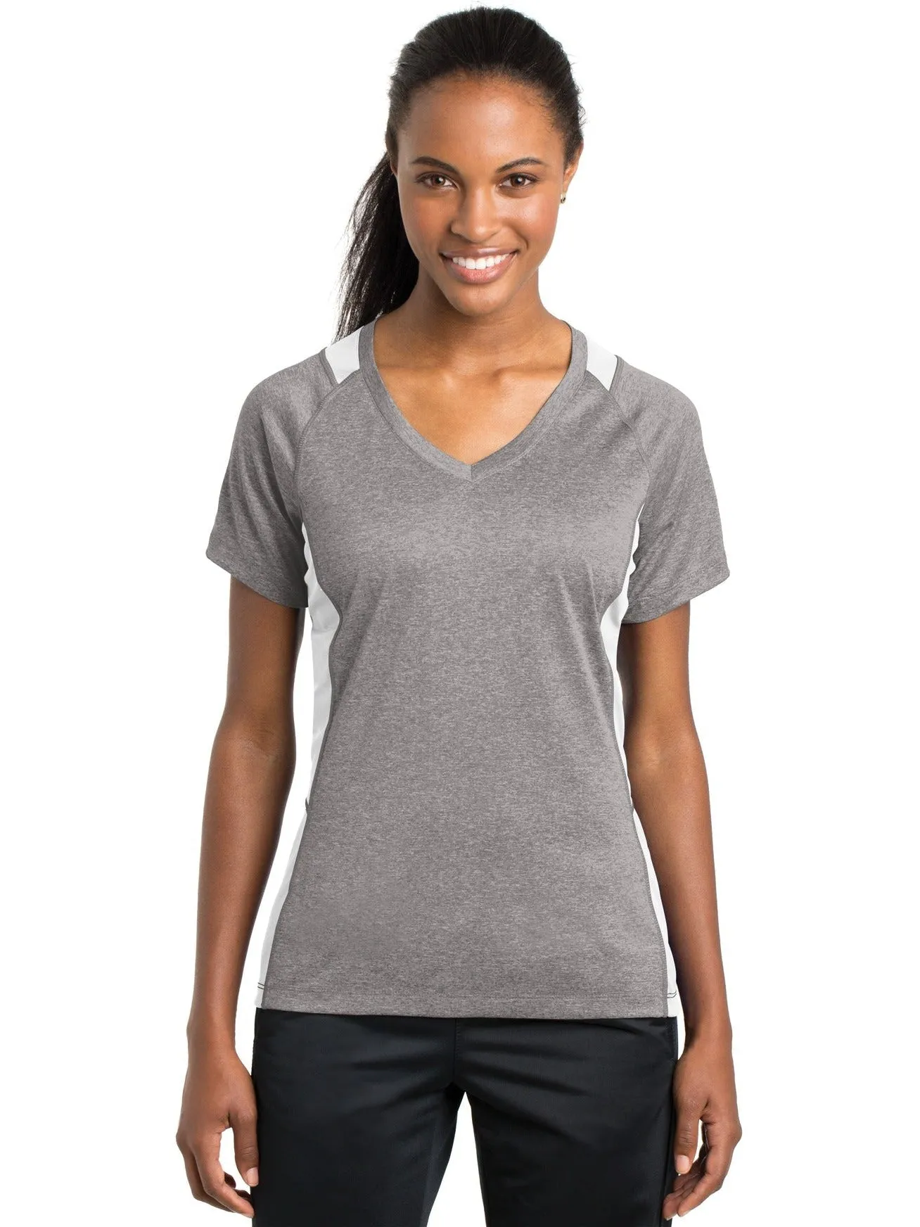 Sport-Tek Ladies Heather Colorblock Contender V-Neck Tee