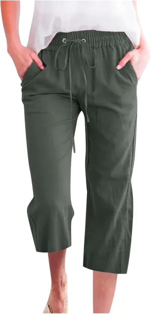 Summer Linen Capri Pants for Women Trendy High Waisted Capris Drawstring Lounge Trouser Wide Leg Beach Vacation Outfits