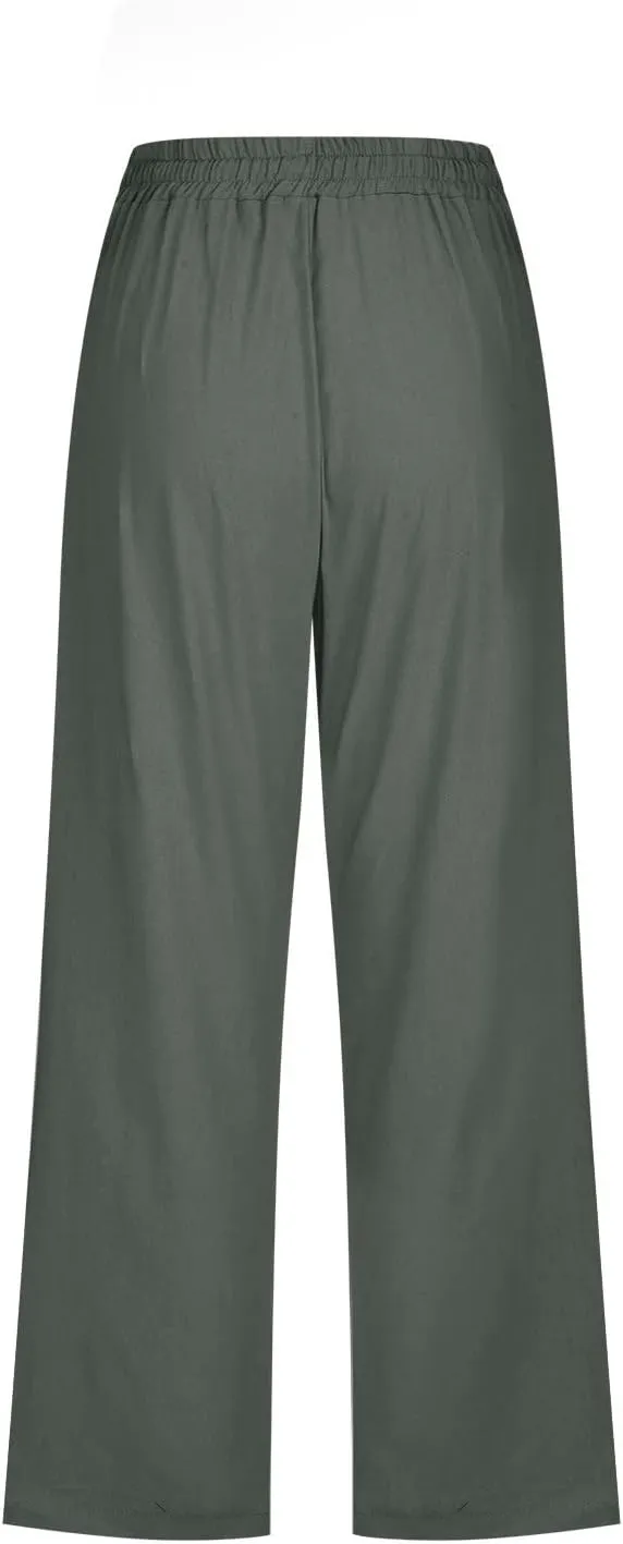 Summer Linen Capri Pants for Women Trendy High Waisted Capris Drawstring Lounge Trouser Wide Leg Beach Vacation Outfits