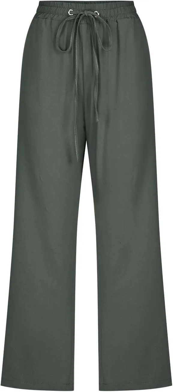 Summer Linen Capri Pants for Women Trendy High Waisted Capris Drawstring Lounge Trouser Wide Leg Beach Vacation Outfits