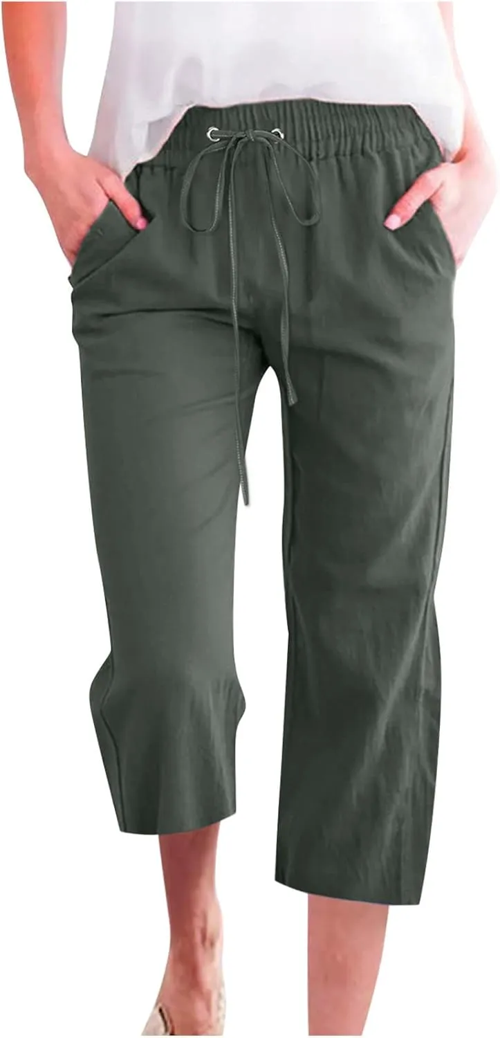 Summer Linen Capri Pants for Women Trendy High Waisted Capris Drawstring Lounge Trouser Wide Leg Beach Vacation Outfits