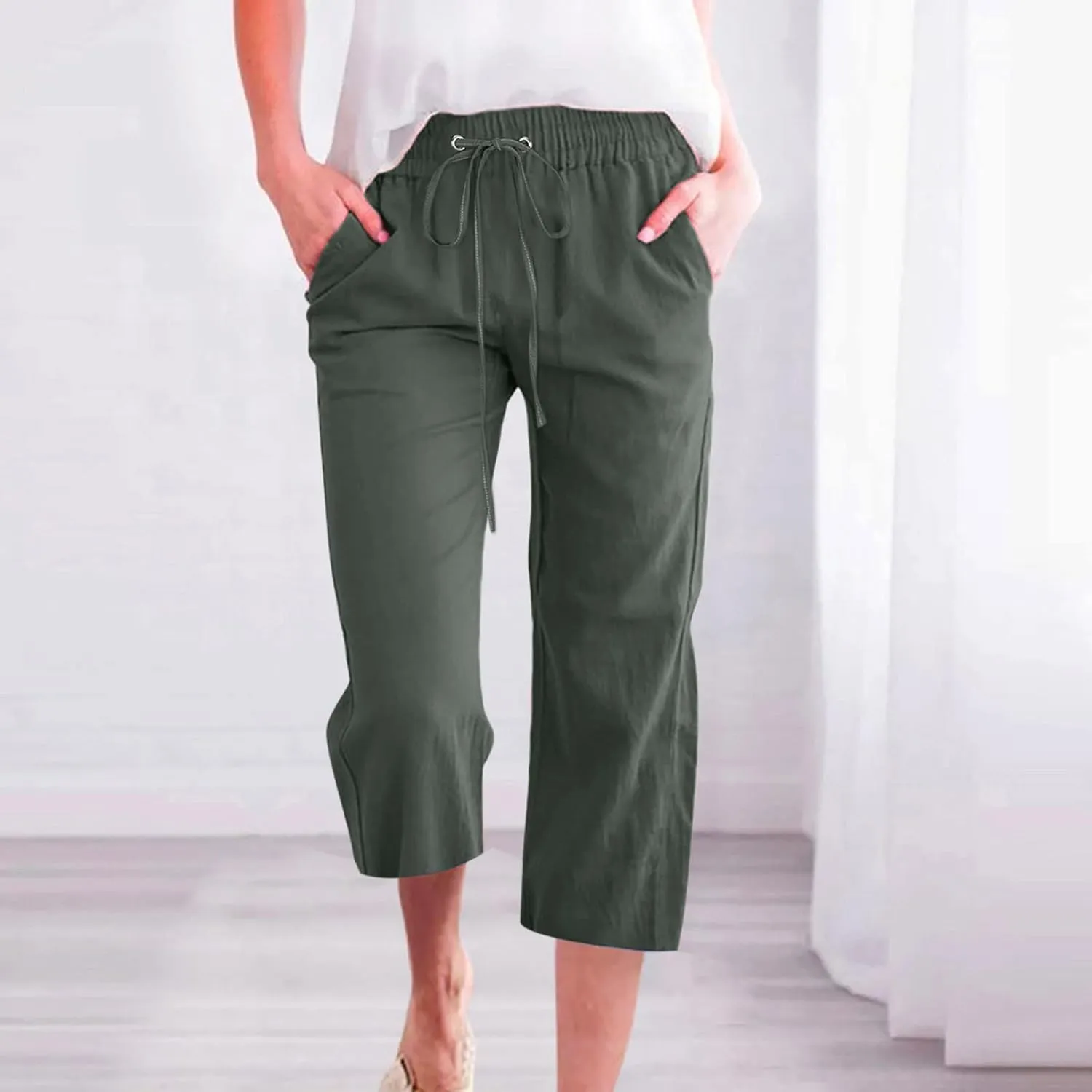 Summer Linen Capri Pants for Women Trendy High Waisted Capris Drawstring Lounge Trouser Wide Leg Beach Vacation Outfits