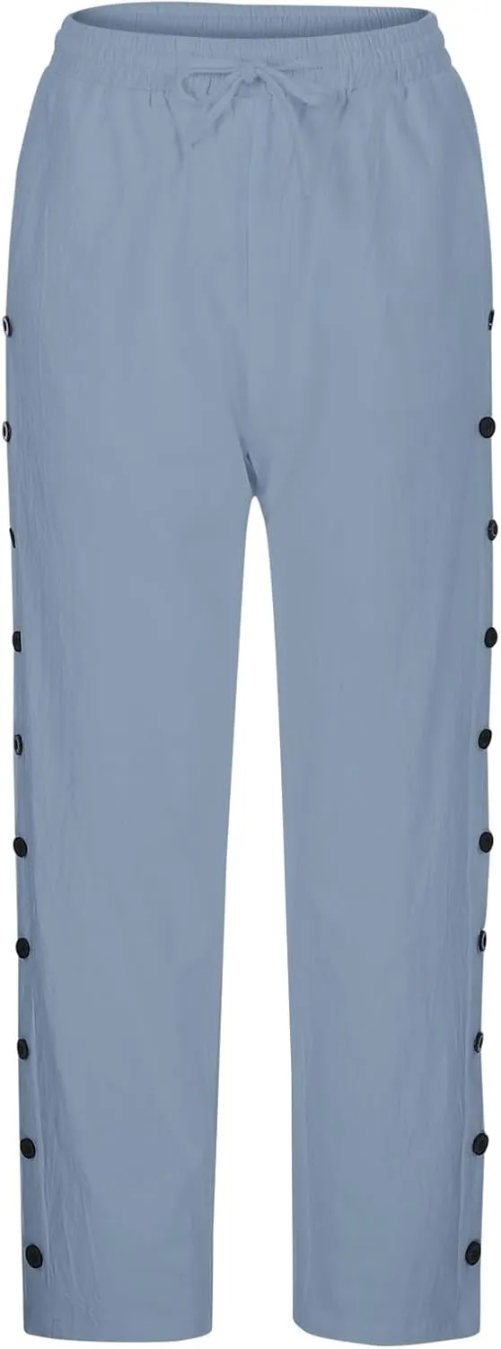Summer Pants for Women 2025 Trendy Summer Vacation Side Button Elastic Waist Baggy Straight Leg Trousers with Pockets