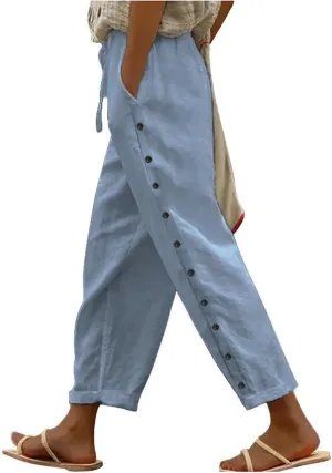 Summer Pants for Women 2025 Trendy Summer Vacation Side Button Elastic Waist Baggy Straight Leg Trousers with Pockets