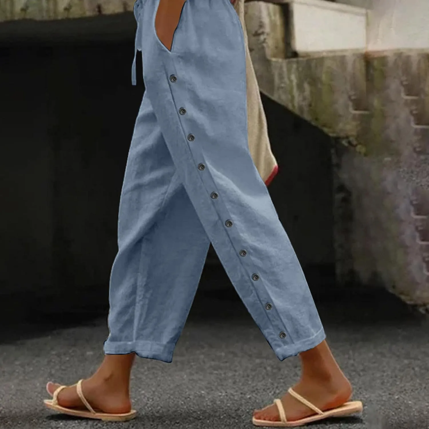 Summer Pants for Women 2025 Trendy Summer Vacation Side Button Elastic Waist Baggy Straight Leg Trousers with Pockets