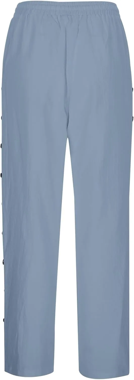 Summer Pants for Women 2025 Trendy Summer Vacation Side Button Elastic Waist Baggy Straight Leg Trousers with Pockets