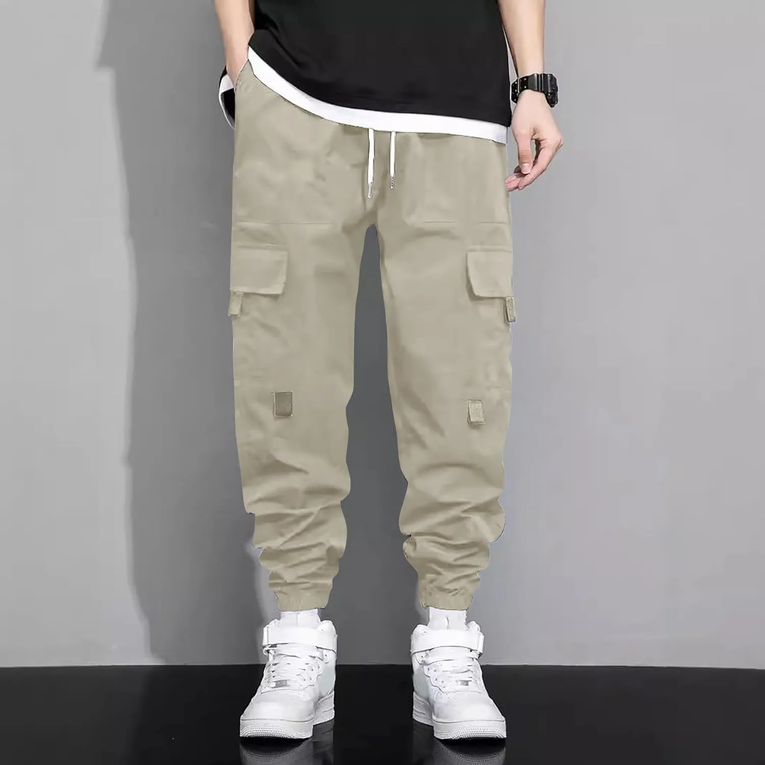 Sweatpants for Men Sports Tapered Combat Jogger Mens Solid Color Split Stretchy Joggers Regular Elastic Waist Cargo
