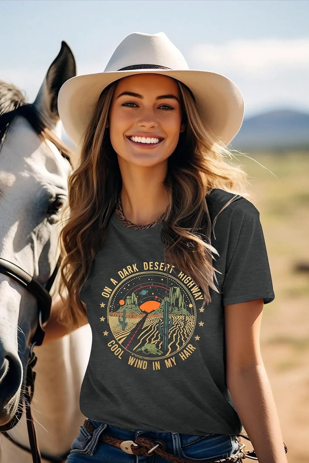TAOHONG Adventure Shirts Women Retro Desert Highway T-Shirt Funny Nature Graphic Tee Casual Short Sleeve Tee Tops