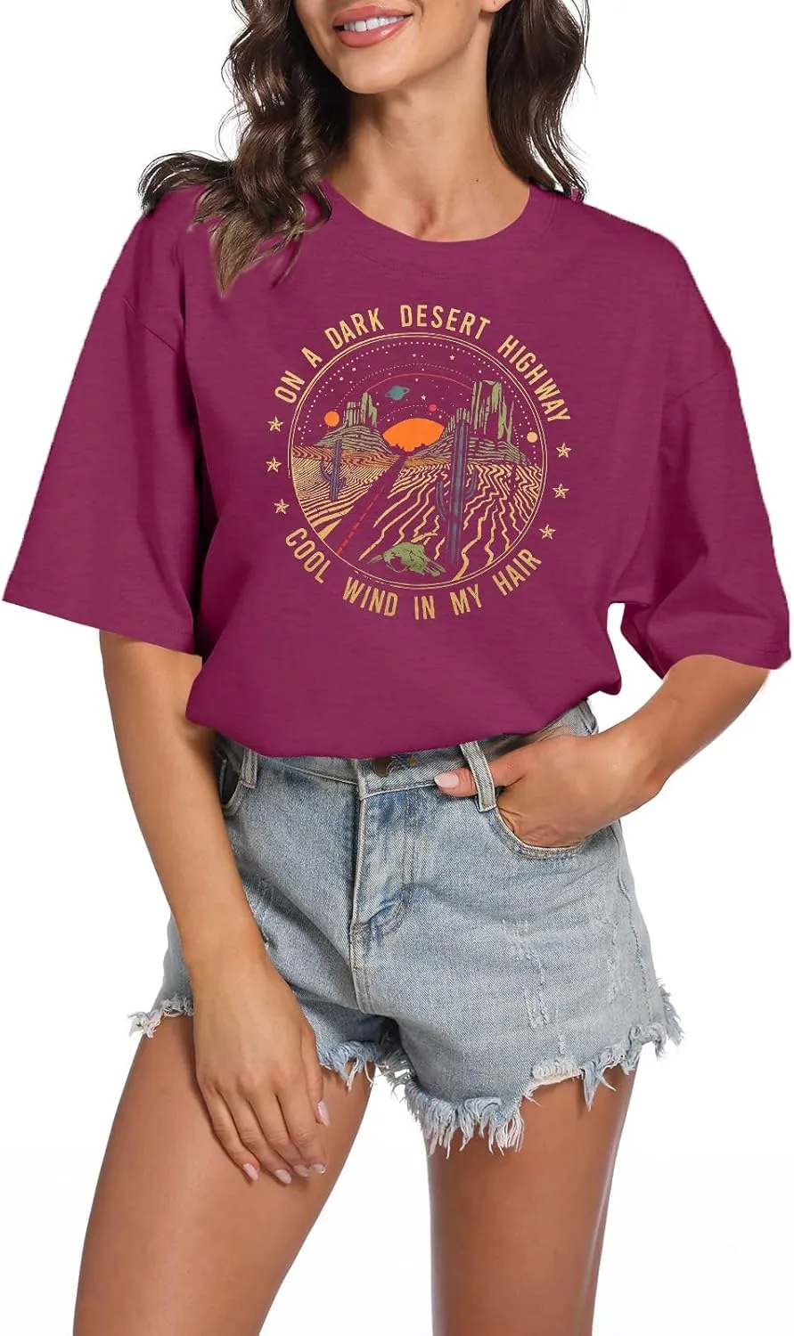 TAOHONG Adventure Shirts Women Retro Desert Highway T-Shirt Funny Nature Graphic Tee Casual Short Sleeve Tee Tops