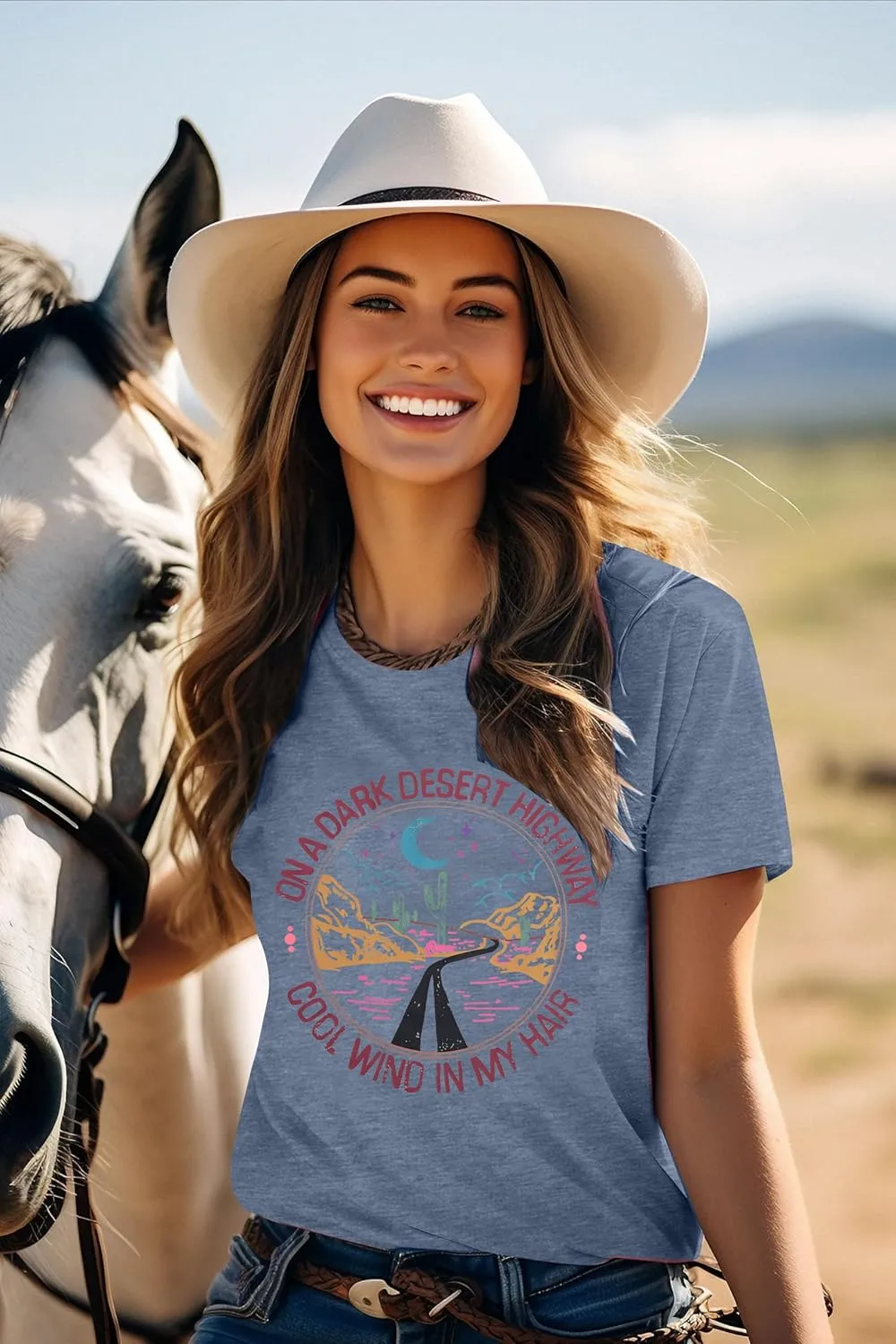TAOHONG Adventure Shirts Women Retro Desert Highway T-Shirt Funny Nature Graphic Tee Casual Short Sleeve Tee Tops