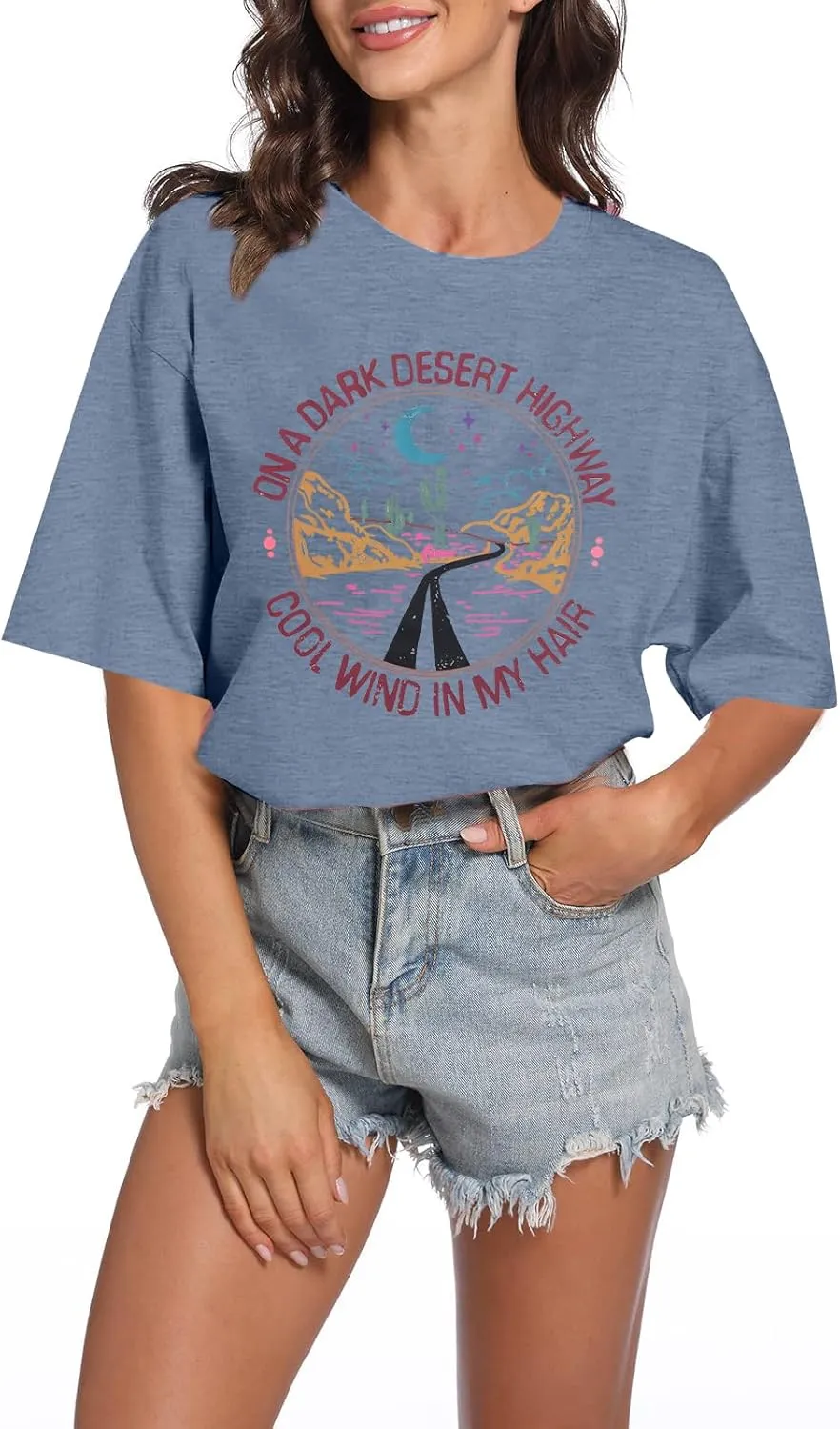TAOHONG Adventure Shirts Women Retro Desert Highway T-Shirt Funny Nature Graphic Tee Casual Short Sleeve Tee Tops
