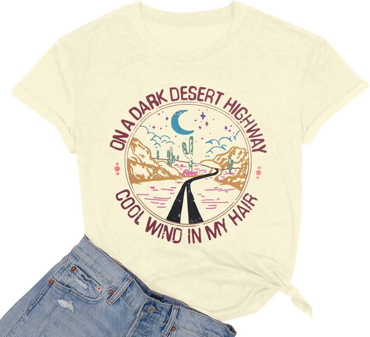 TAOHONG Adventure Shirts Women Retro Desert Highway T-Shirt Funny Nature Graphic Tee Casual Short Sleeve Tee Tops