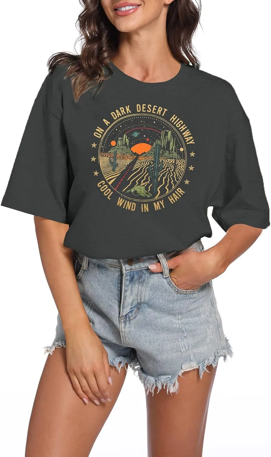 TAOHONG Adventure Shirts Women Retro Desert Highway T-Shirt Funny Nature Graphic Tee Casual Short Sleeve Tee Tops