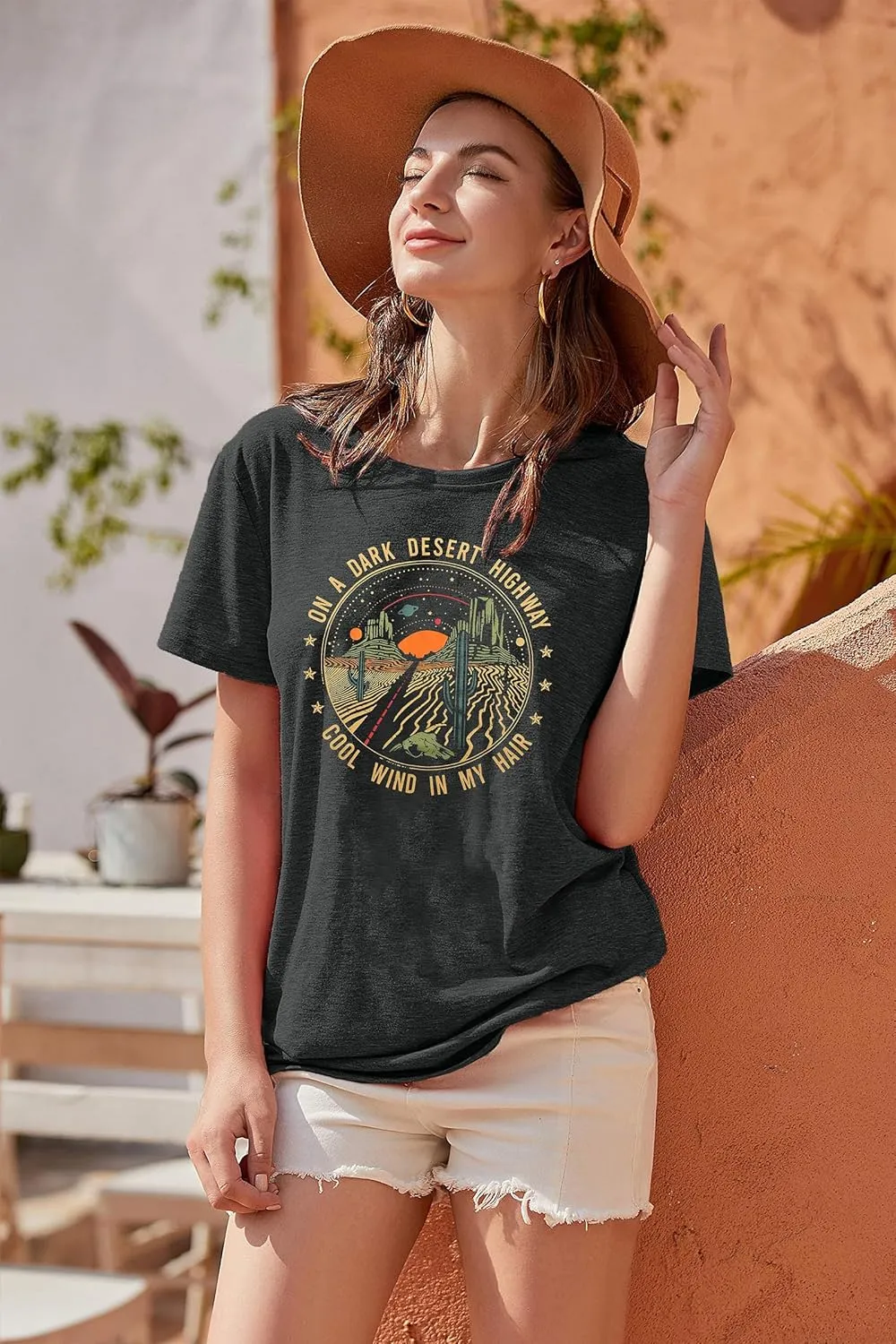 TAOHONG Adventure Shirts Women Retro Desert Highway T-Shirt Funny Nature Graphic Tee Casual Short Sleeve Tee Tops