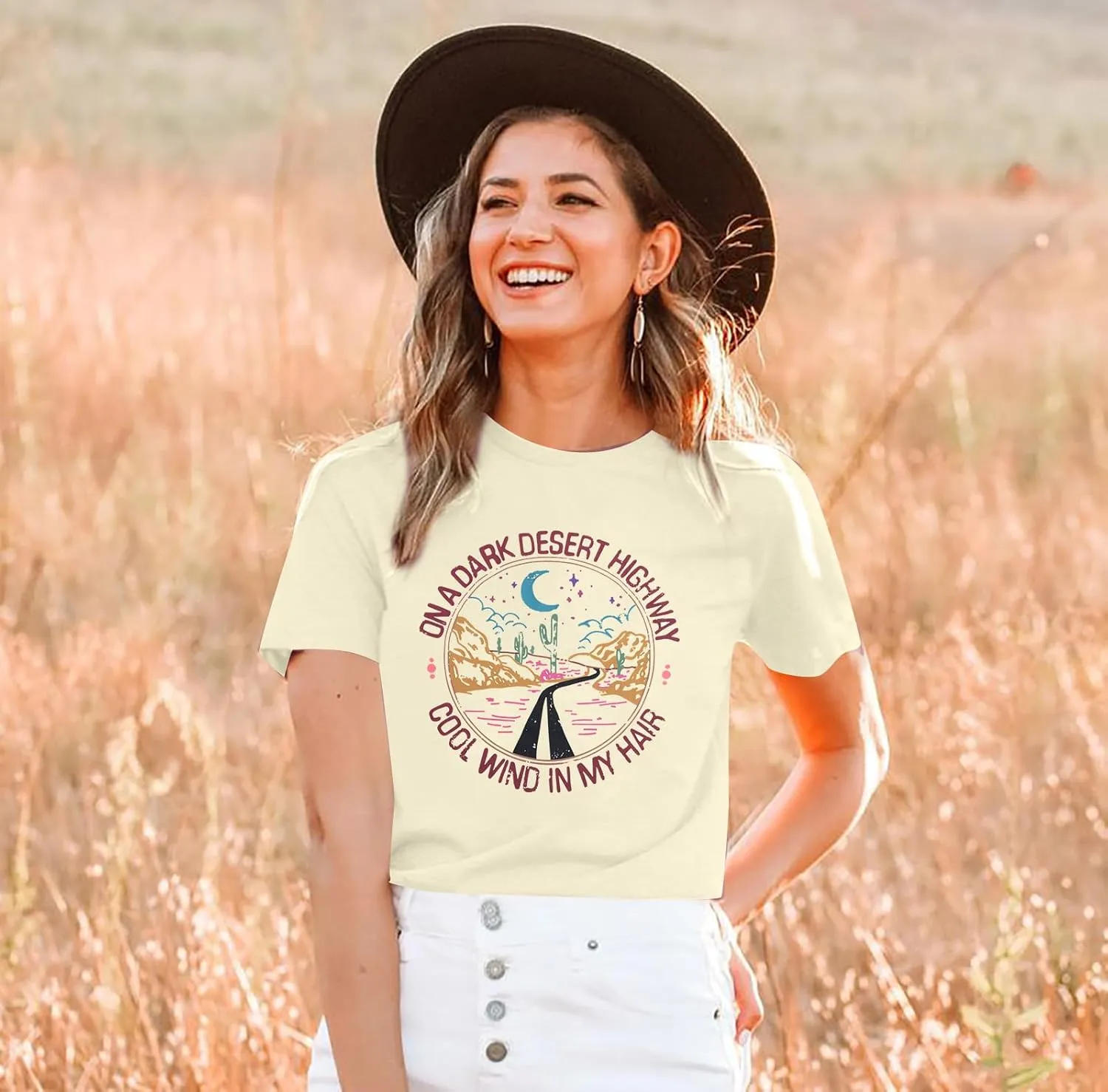 TAOHONG Adventure Shirts Women Retro Desert Highway T-Shirt Funny Nature Graphic Tee Casual Short Sleeve Tee Tops