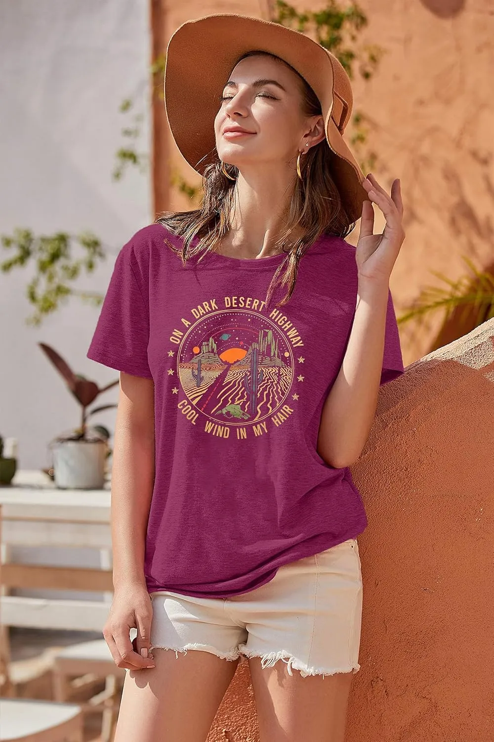 TAOHONG Adventure Shirts Women Retro Desert Highway T-Shirt Funny Nature Graphic Tee Casual Short Sleeve Tee Tops