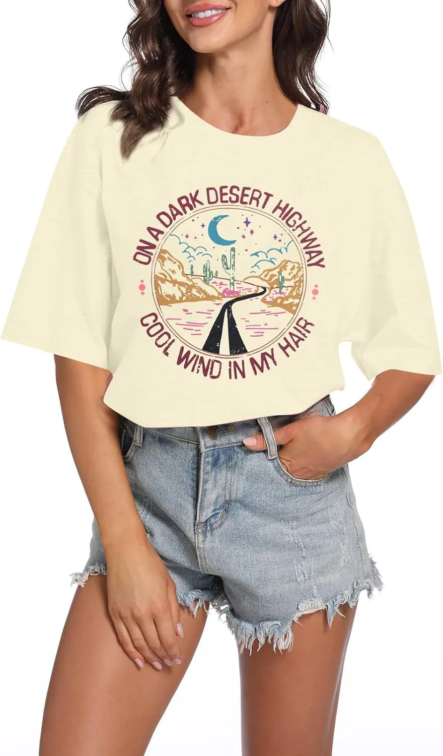 TAOHONG Adventure Shirts Women Retro Desert Highway T-Shirt Funny Nature Graphic Tee Casual Short Sleeve Tee Tops