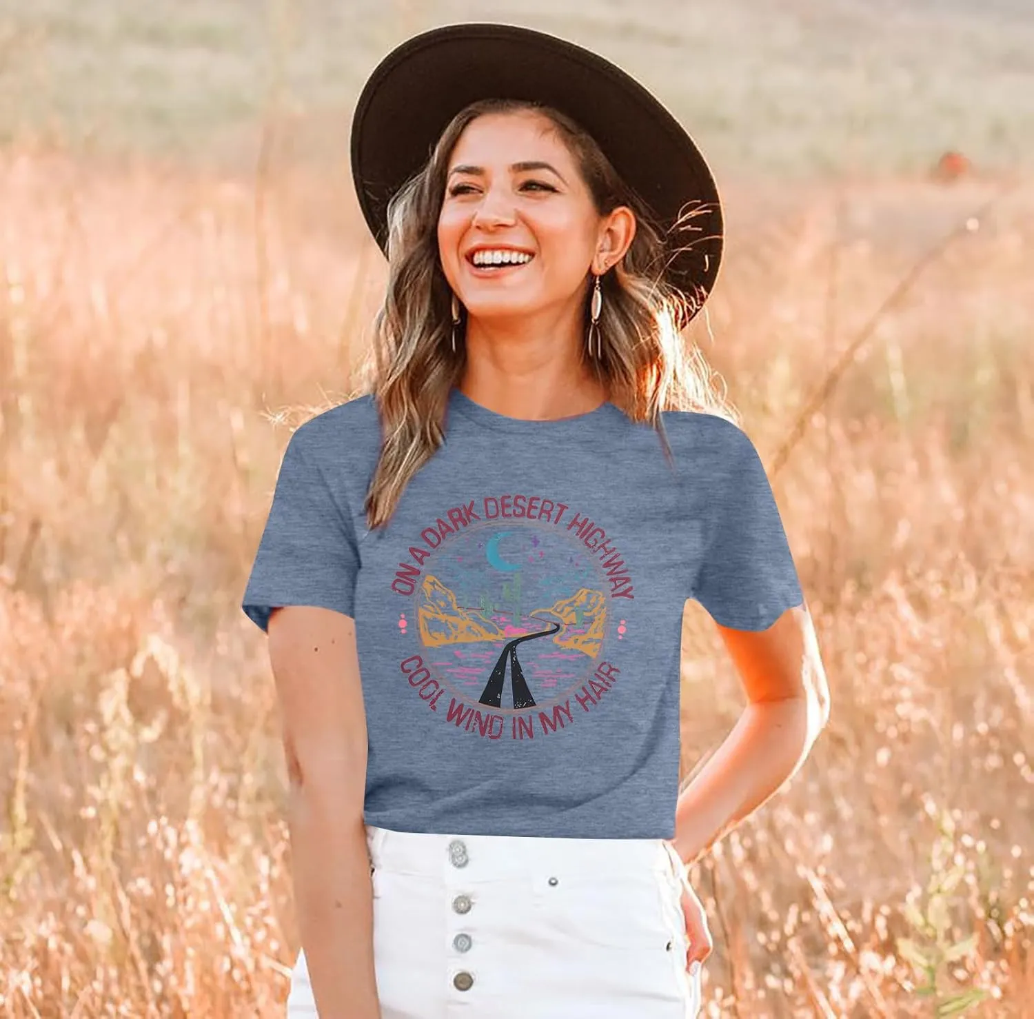 TAOHONG Adventure Shirts Women Retro Desert Highway T-Shirt Funny Nature Graphic Tee Casual Short Sleeve Tee Tops