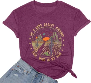 TAOHONG Adventure Shirts Women Retro Desert Highway T-Shirt Funny Nature Graphic Tee Casual Short Sleeve Tee Tops