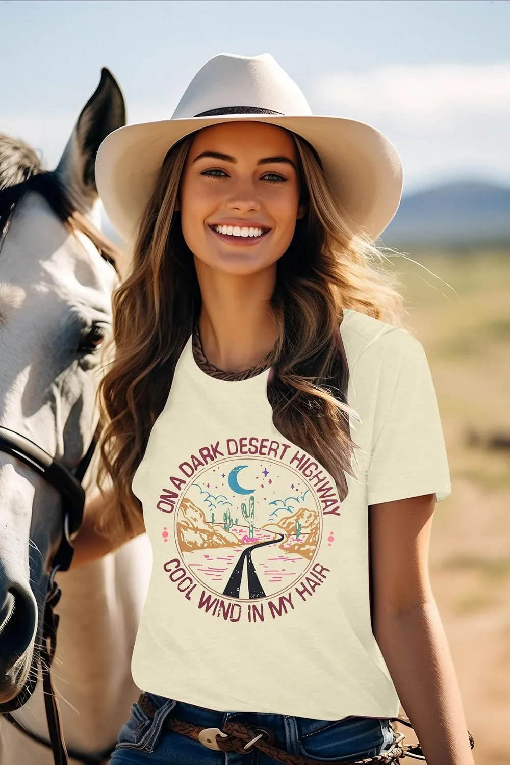 TAOHONG Adventure Shirts Women Retro Desert Highway T-Shirt Funny Nature Graphic Tee Casual Short Sleeve Tee Tops