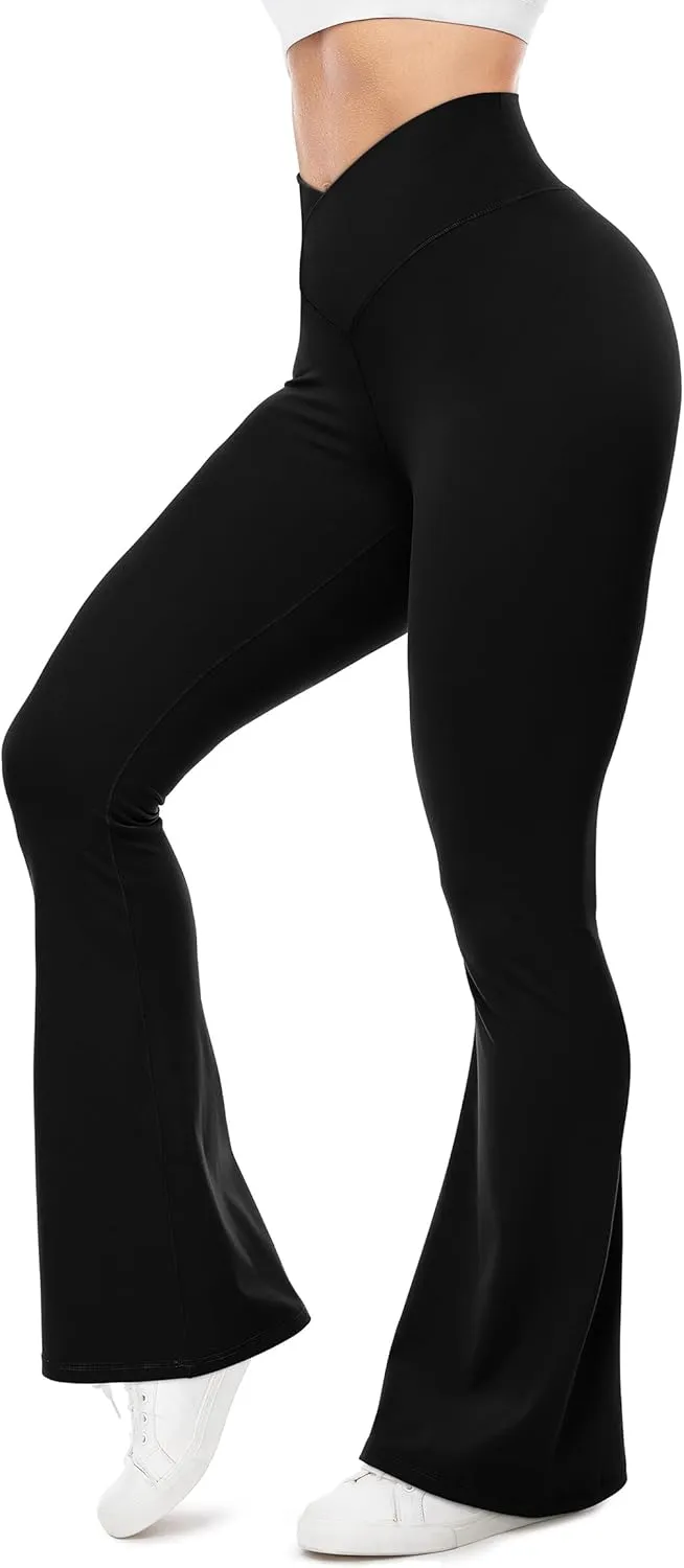 UEU Flare Leggings for Women with Tummy Control, V Crossover High Waisted Yoga Pants, Bootcut Wide Leg, 29-33" Inseam