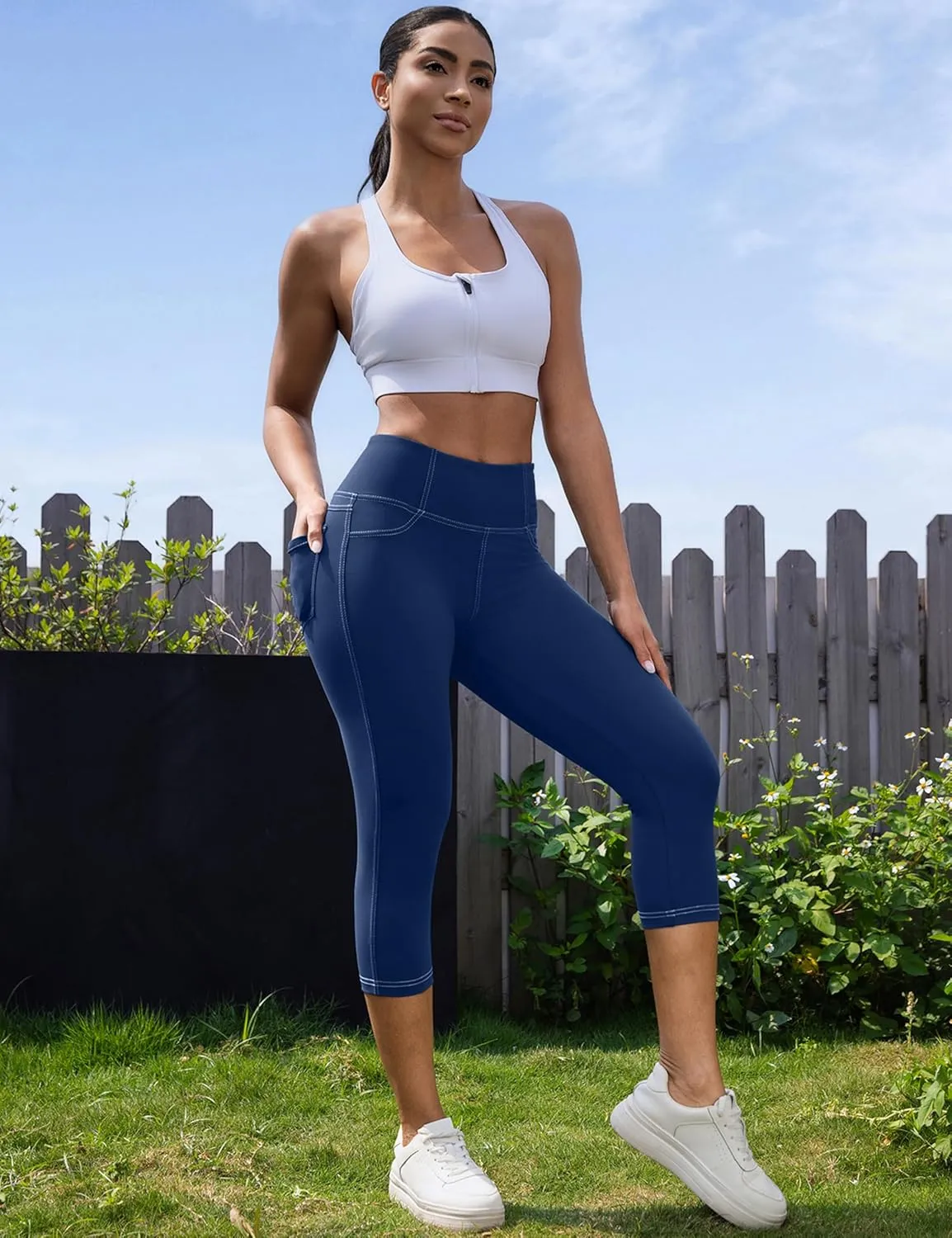 VOOVEEYA Capri Leggings for Women, High Waisted Yoga Pants with Back Pockets Crop Workout Capris Pants