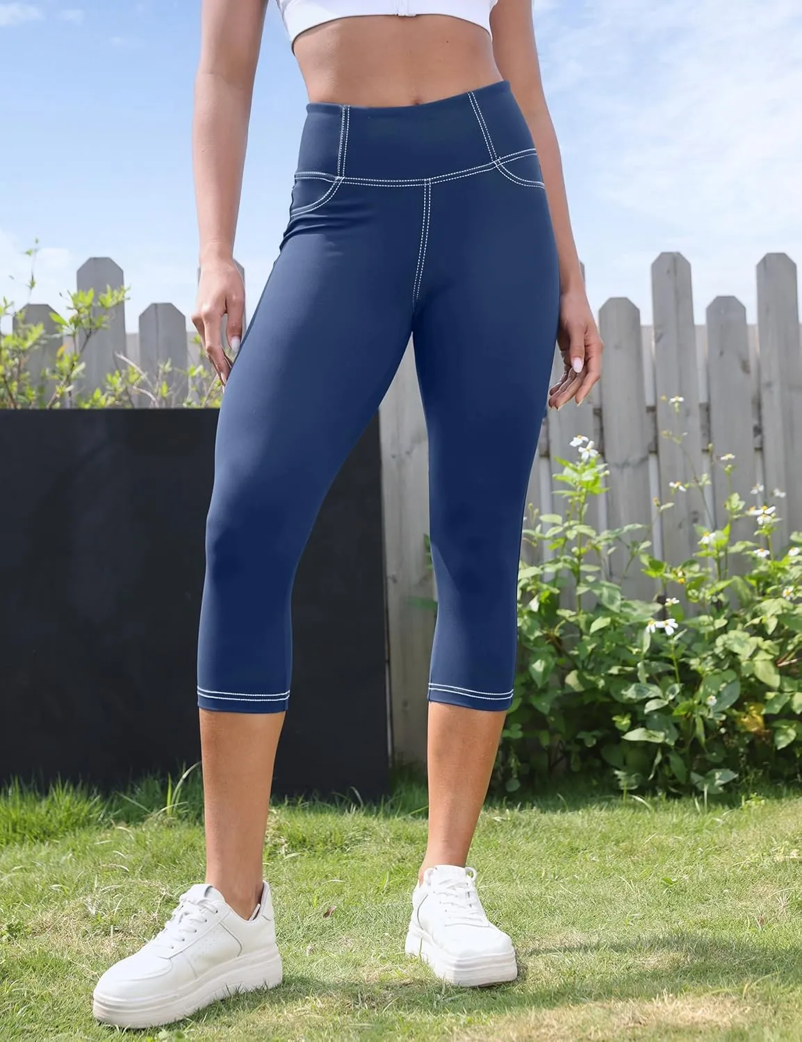 VOOVEEYA Capri Leggings for Women, High Waisted Yoga Pants with Back Pockets Crop Workout Capris Pants