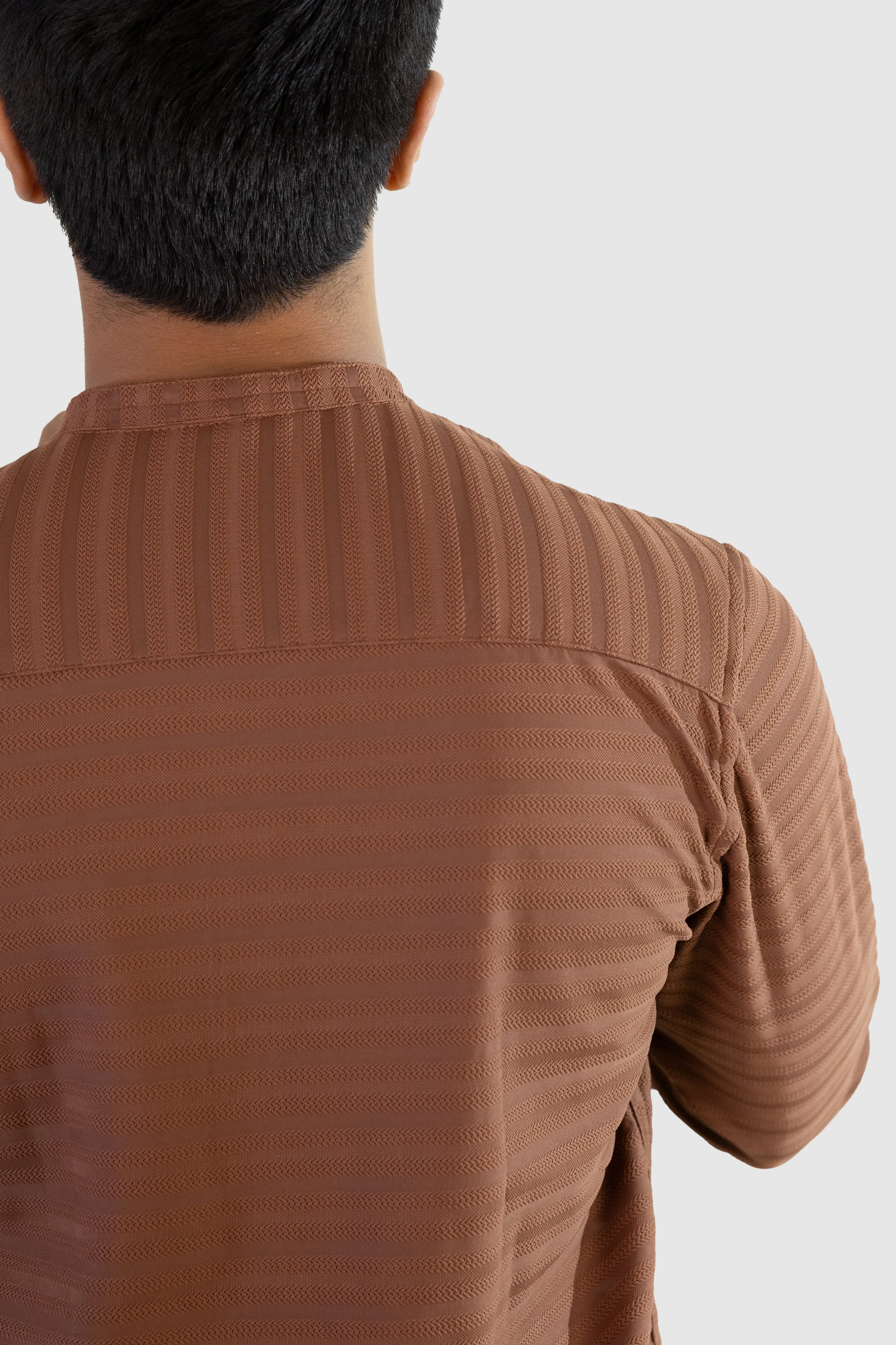 Weave Line Mandarin Collar Shirt - Brown