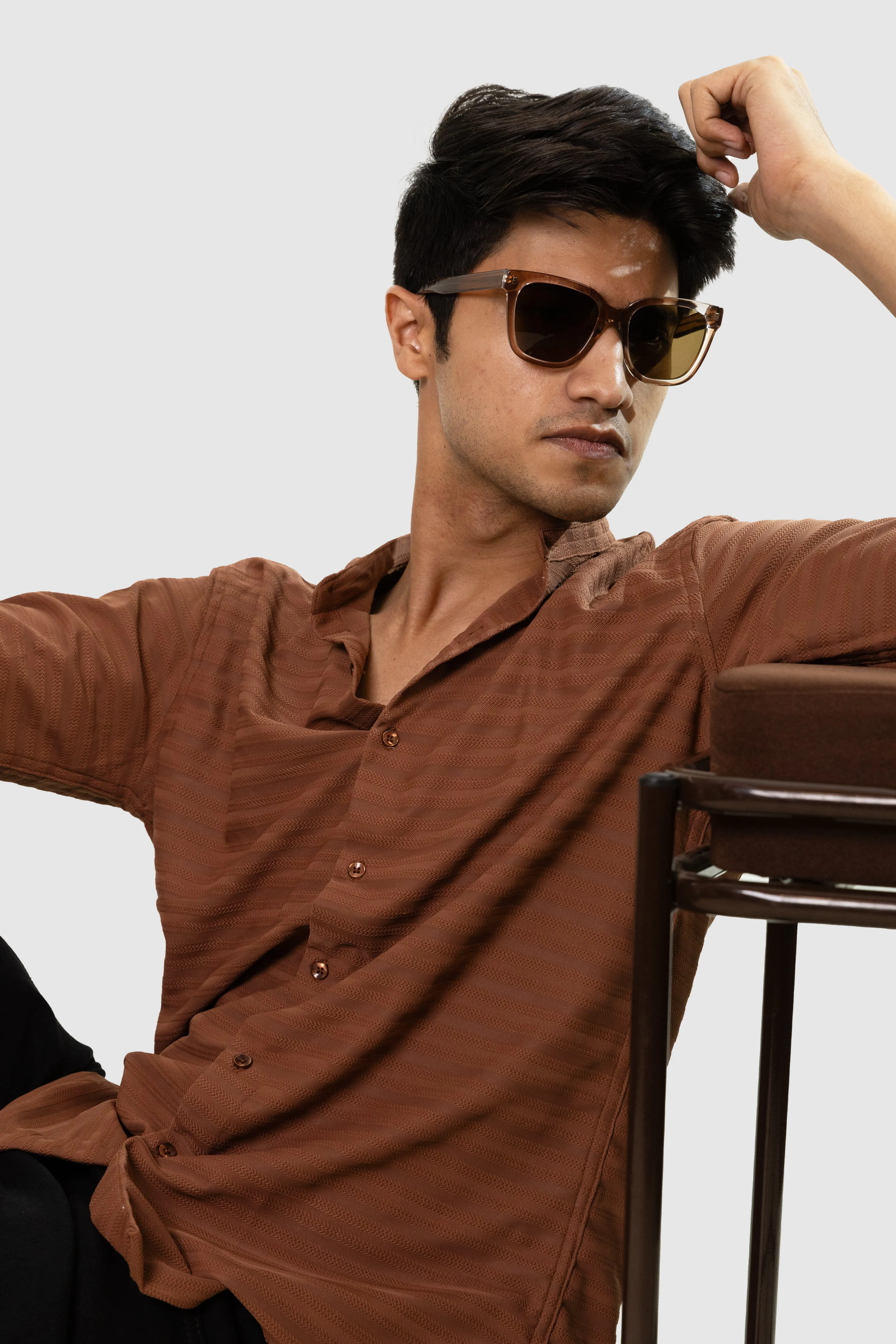 Weave Line Mandarin Collar Shirt - Brown