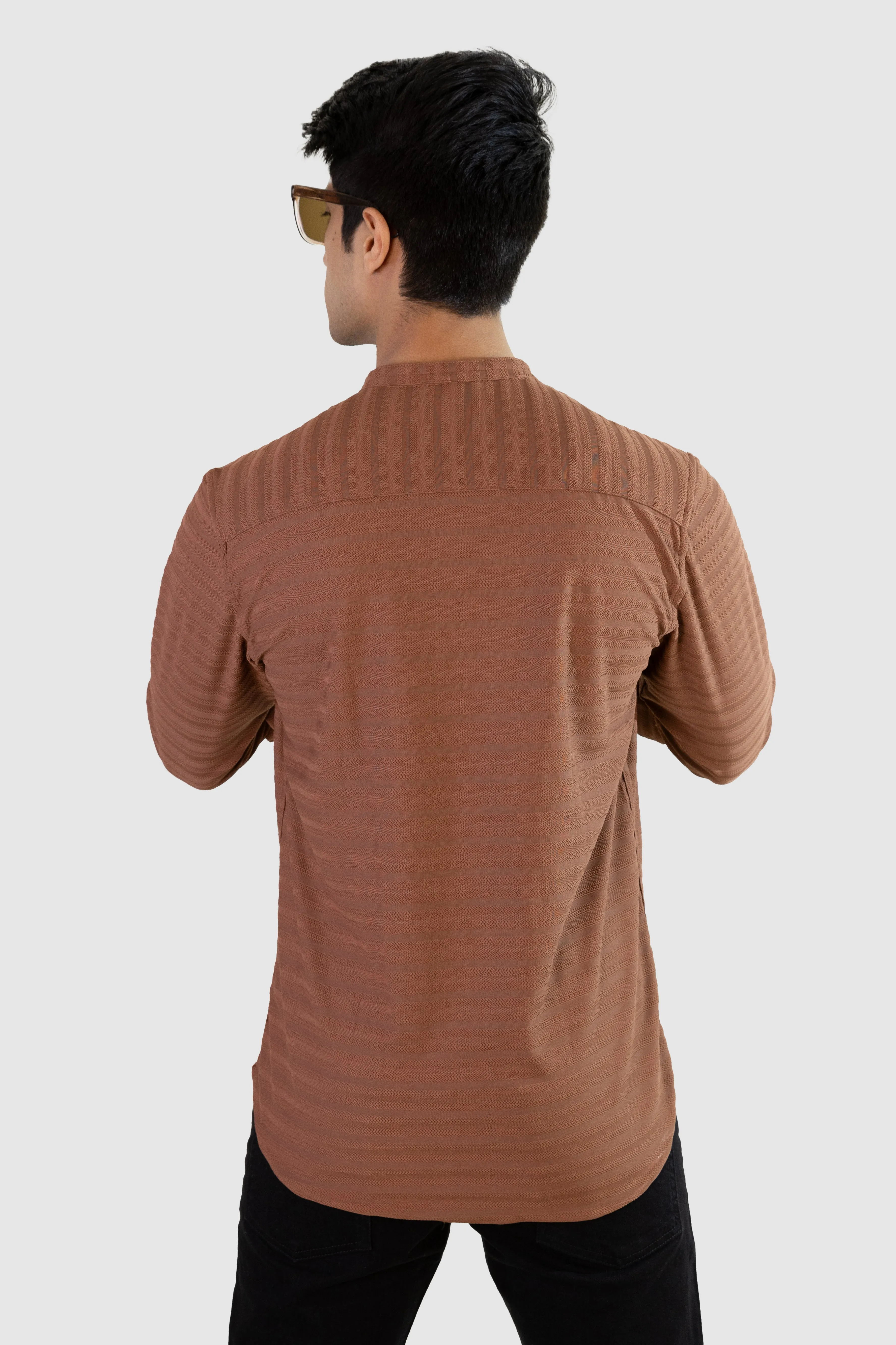 Weave Line Mandarin Collar Shirt - Brown