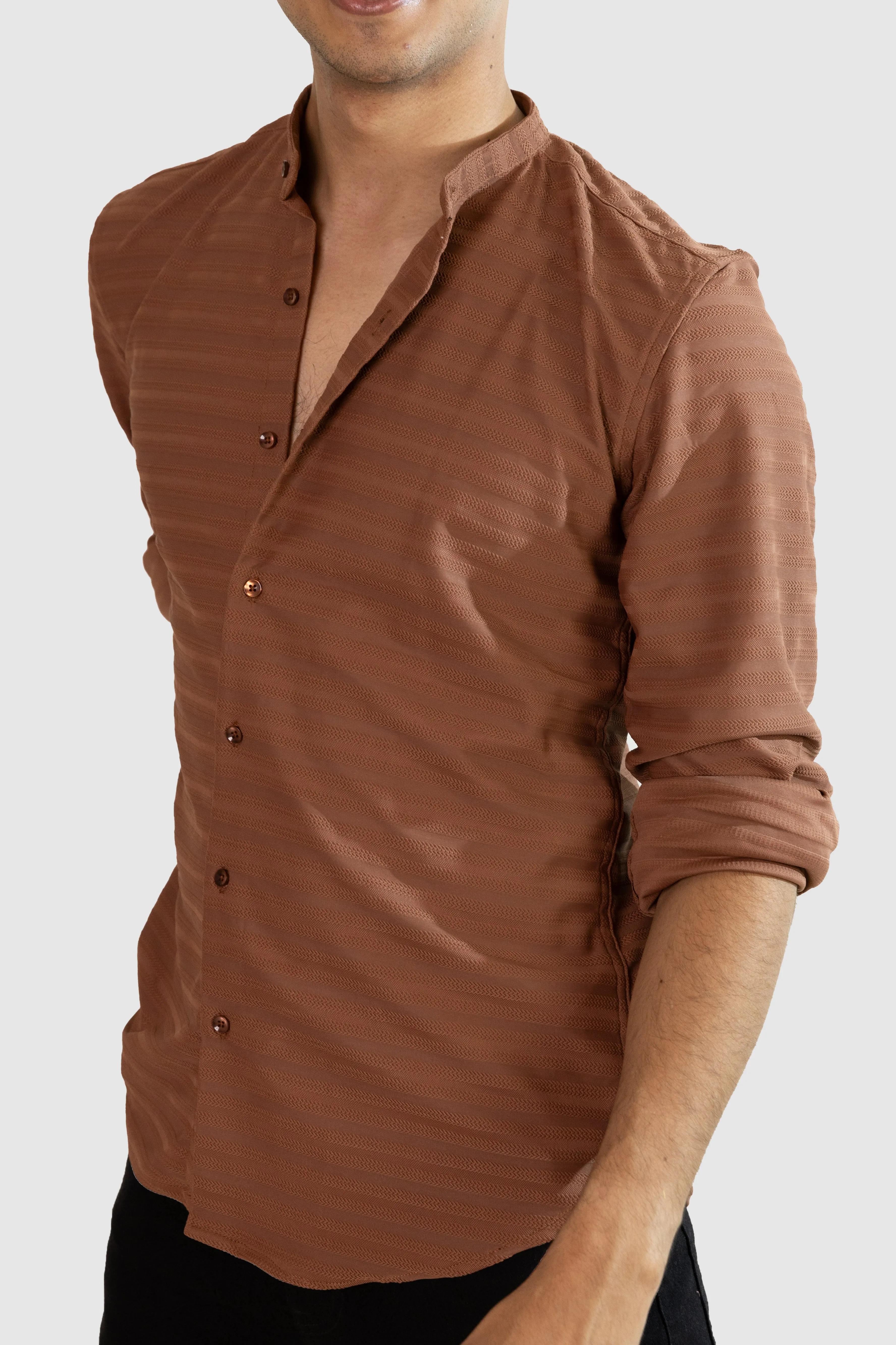 Weave Line Mandarin Collar Shirt - Brown