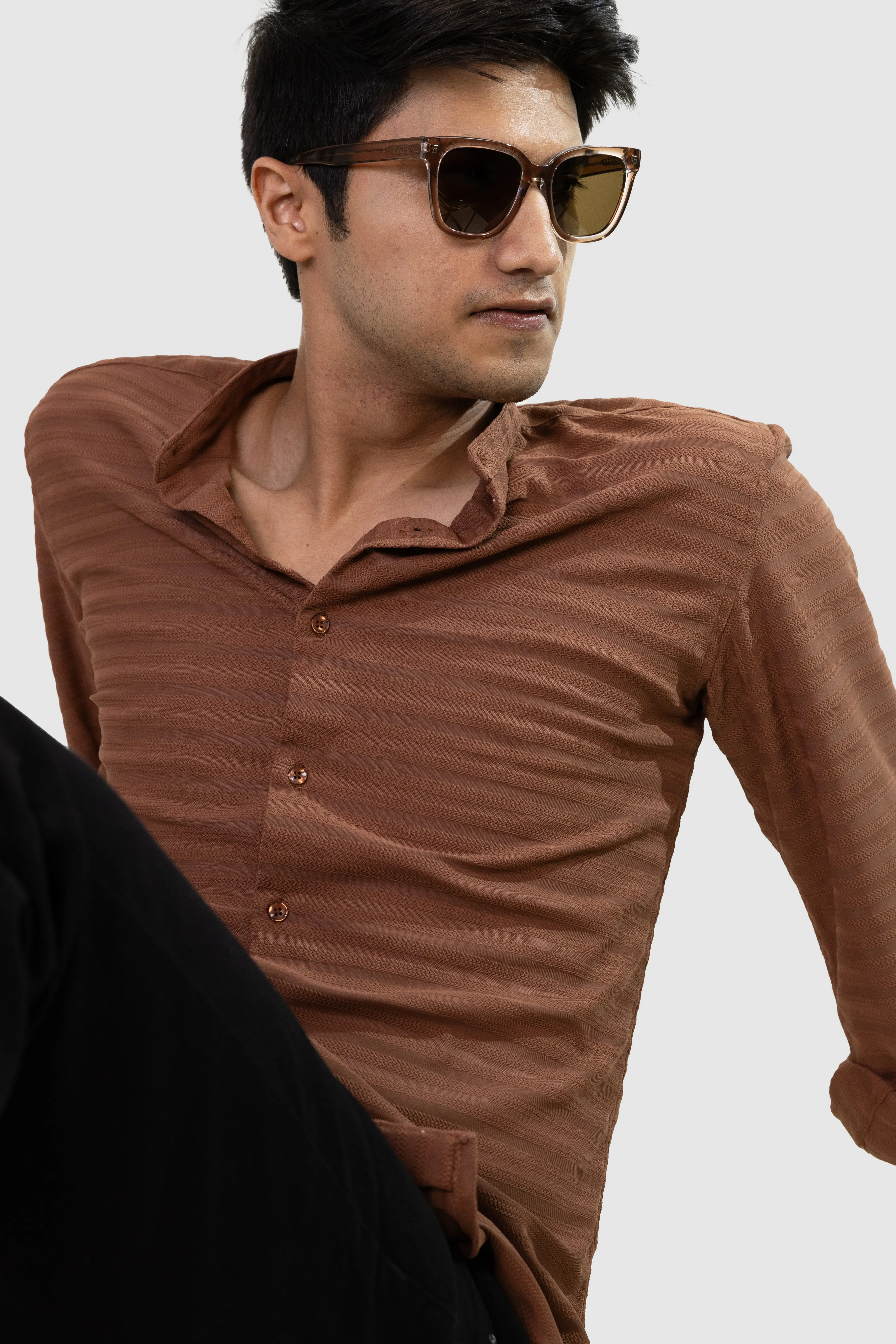 Weave Line Mandarin Collar Shirt - Brown