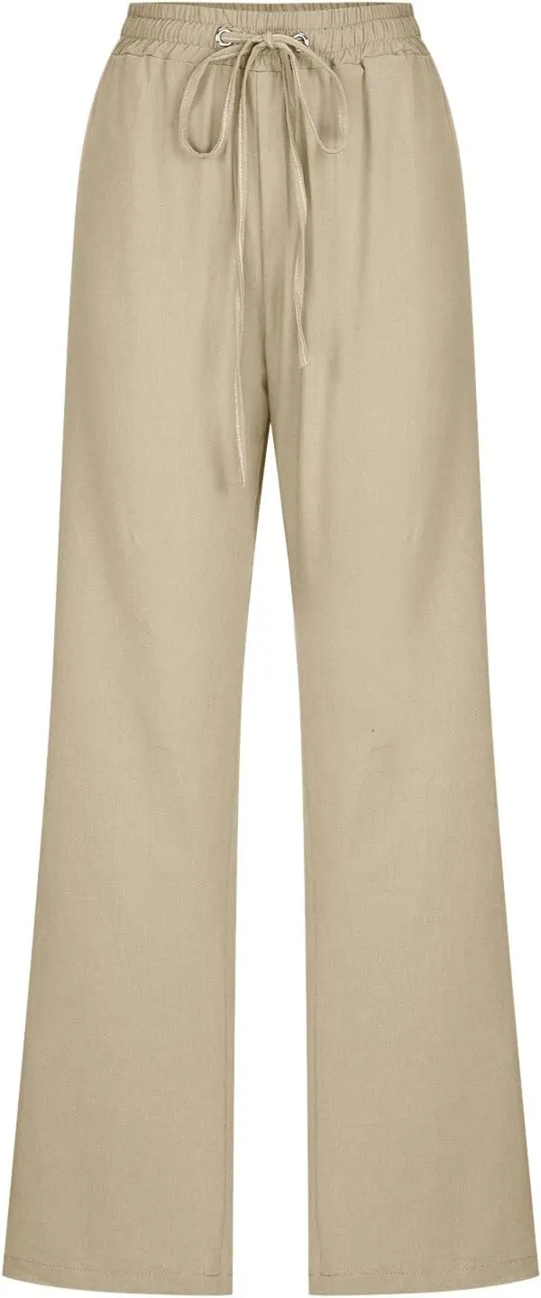 Women Linen Summer Drawstring Palazzo Lounge Pants High Waist Stretchy Slim Fit Trousers Work Business