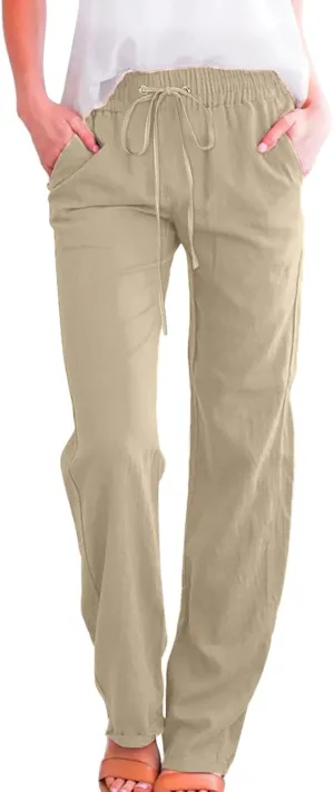 Women Linen Summer Drawstring Palazzo Lounge Pants High Waist Stretchy Slim Fit Trousers Work Business