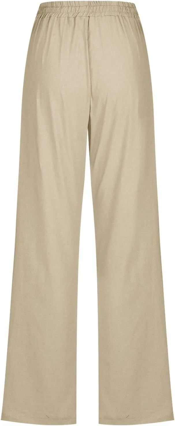 Women Linen Summer Drawstring Palazzo Lounge Pants High Waist Stretchy Slim Fit Trousers Work Business