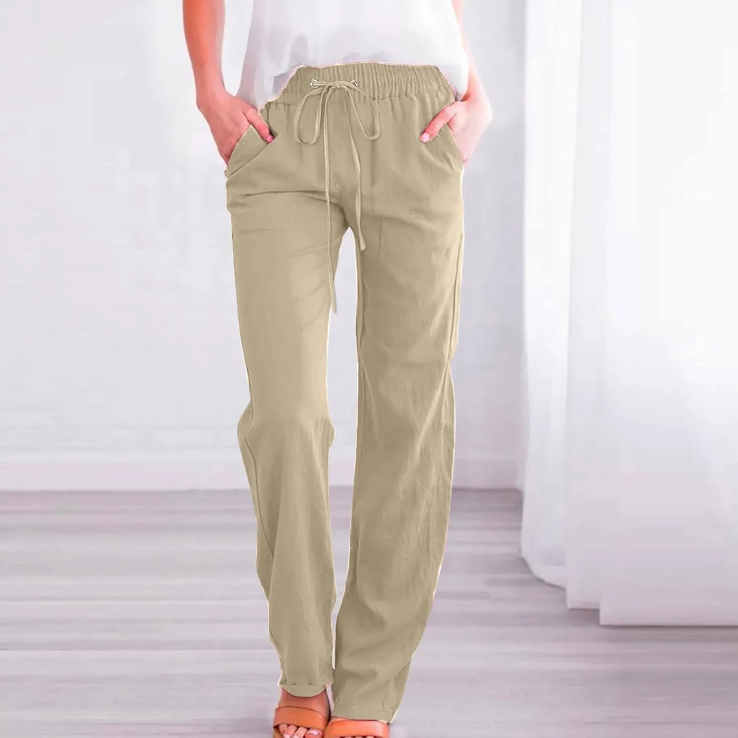 Women Linen Summer Drawstring Palazzo Lounge Pants High Waist Stretchy Slim Fit Trousers Work Business