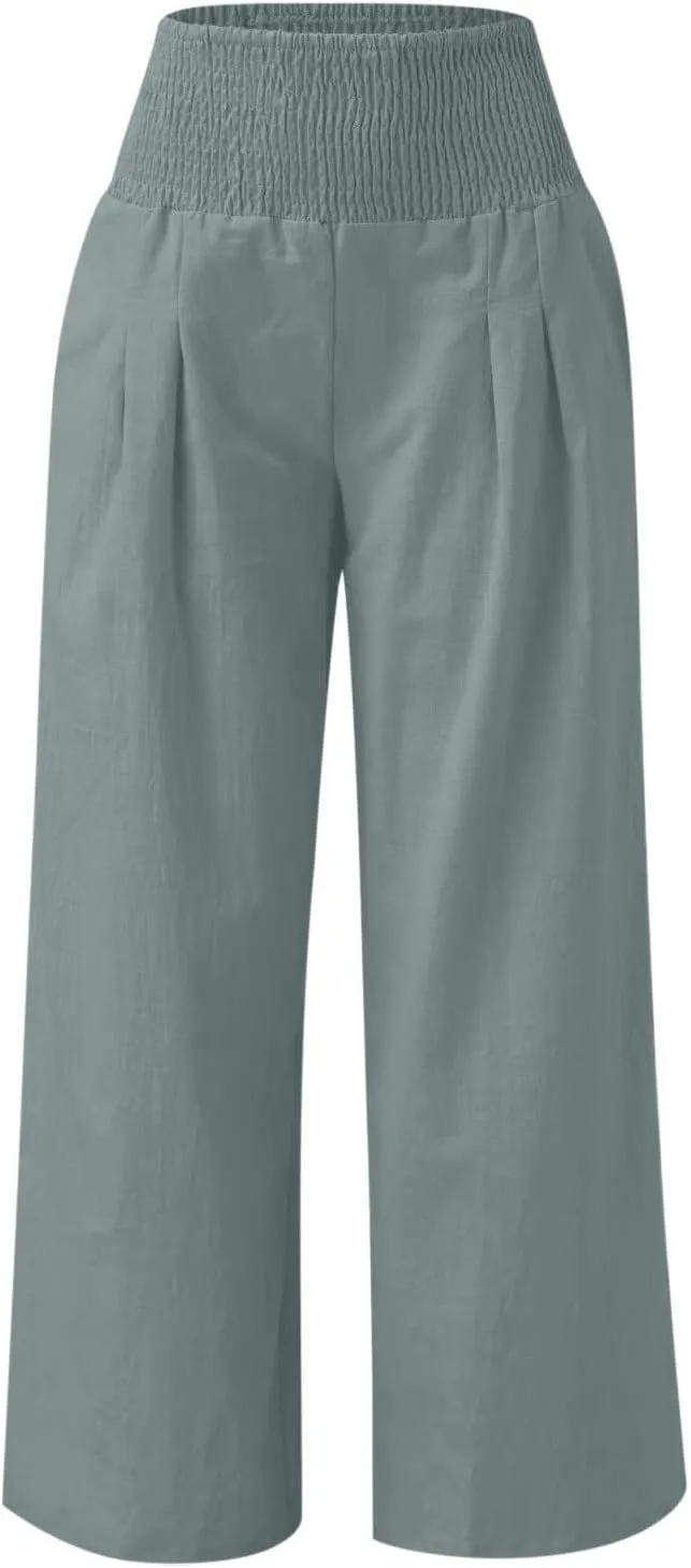 Women Palazzo High Waisted Linen Pants Casual Elastic Waist Wide Leg Pants Trousers Baggy Slacks with Pockets