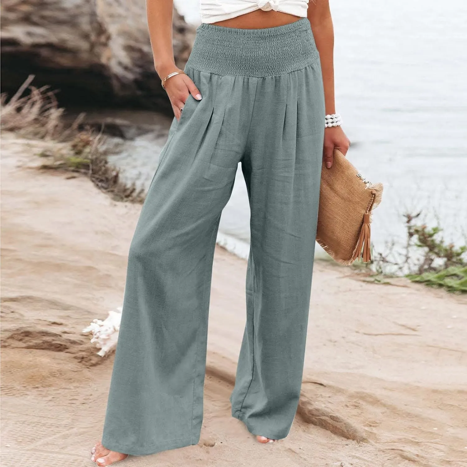 Women Palazzo High Waisted Linen Pants Casual Elastic Waist Wide Leg Pants Trousers Baggy Slacks with Pockets