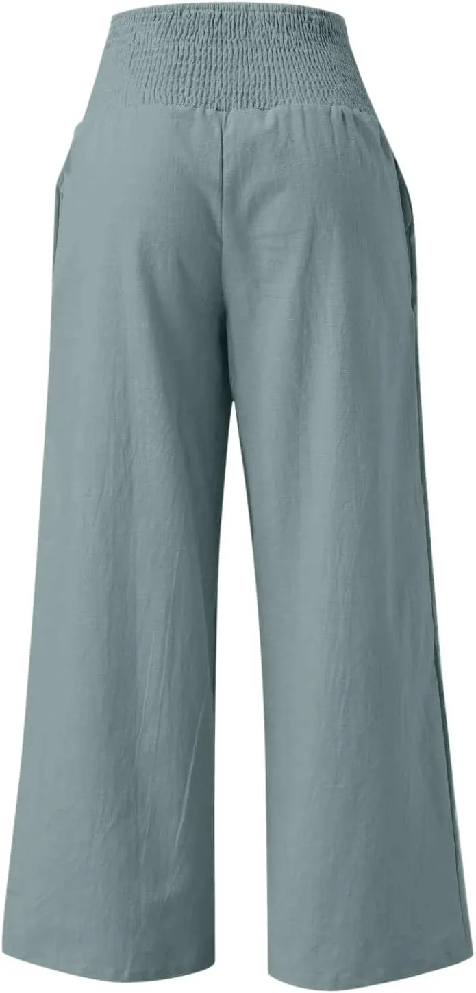 Women Palazzo High Waisted Linen Pants Casual Elastic Waist Wide Leg Pants Trousers Baggy Slacks with Pockets